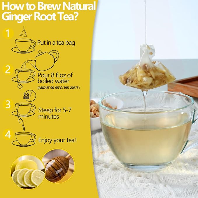 100 Premium Ginger Tea Bags/7.06 Oz, Made with 100% Natural Ginger Root, Warm & Spicy, Support Digestion & Boost Immunity, No Additives & Caffeine Free.