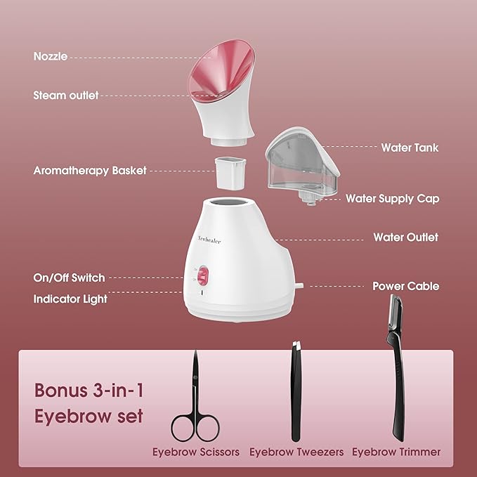 Newbealer 2in1 Facial Steamer, Hot Mist Facial Aromatherapy Humidifier Atomizer, Large Face Steamer Unclogs Pores Sinuses Moisturizing, Home Sauna Spa with Eyebrow Set (Red, 170 ml)