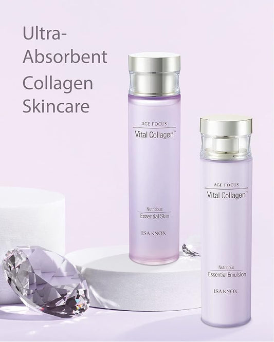 ISA KNOX AGE FOCUS VITAL COLLAGEN SKINCARE GIFT SET (370ml / 12.51 Fl Oz) - Korean Luxury Premium High-end Skin Toner, Emulsion Lotion, Cream by LG BEAUTY. Hydrolyzed Collagen,