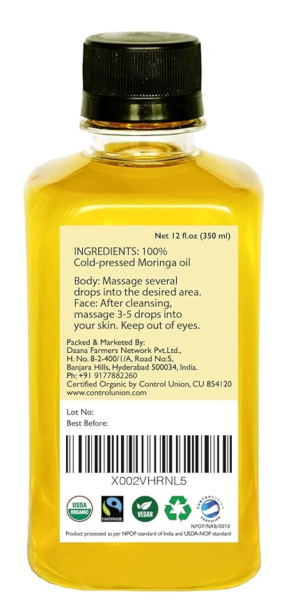 DAANA Organic Moringa Oil for Skin: Extra Virgin, Cold Pressed (12 Fl Oz)