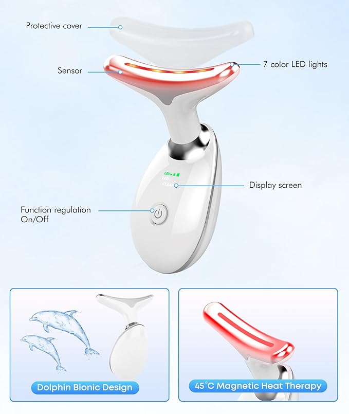 Red-Light-Therapy-for-Face-and-Neck, 7 Color Face Massager Tool for Wrinkles, Double Chin, Vibrating Facial Massager with Thermals for Skin Care, Glossy White