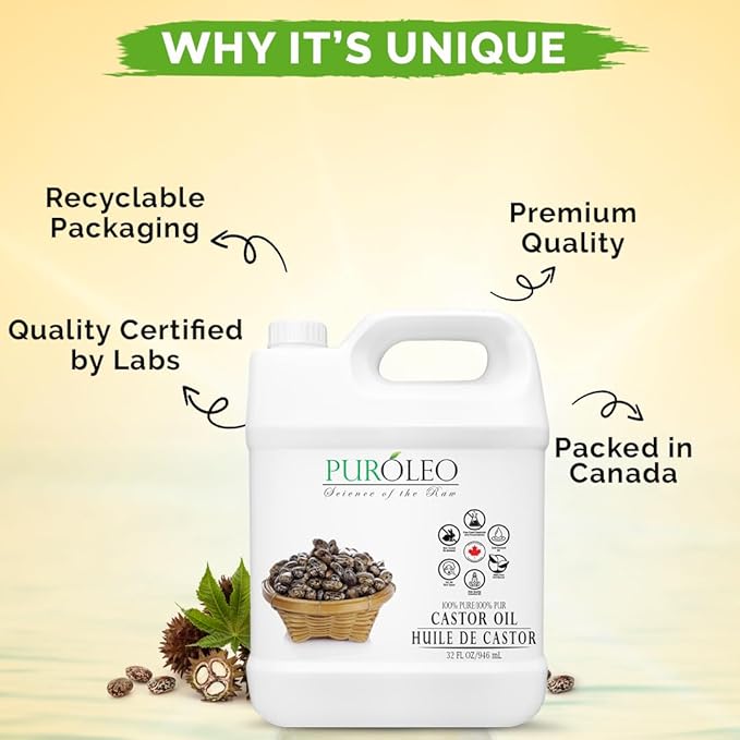 PUROLEO Castor Oil 32 Fl Oz/946 ML (Packed In Canada) 100% Pure and Natural Hair, Lash, Beard, Eyelashes & Eyebrow Oil Black castor oil for brow lashes, Make eyelash serum, hair serum for dry hair