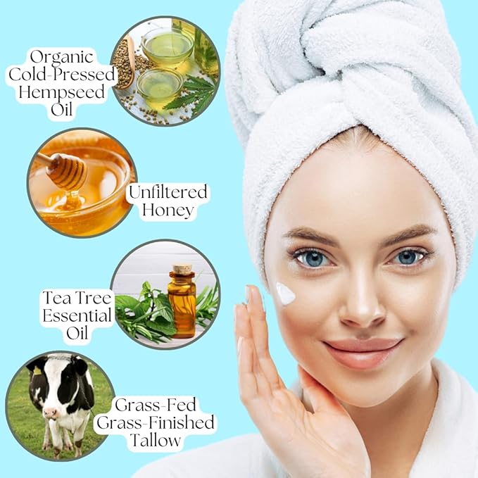 Whipped Hemp Tallow Body Butter - Nourishing Face - Grass-Fed & Grass-Finished - All Natural - Tea Tree & Honey