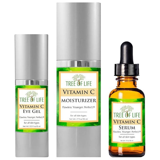 Tree of Life Vitamin C Serum for Face w/ 1.7 Oz Moisturizer Cream & 0.5 Oz Eye Gel - Skin Care Trio Serums to Brightening Dark Spot, Smooth Dry & Sensitive Skin, Anti-Aging, Wrinkles