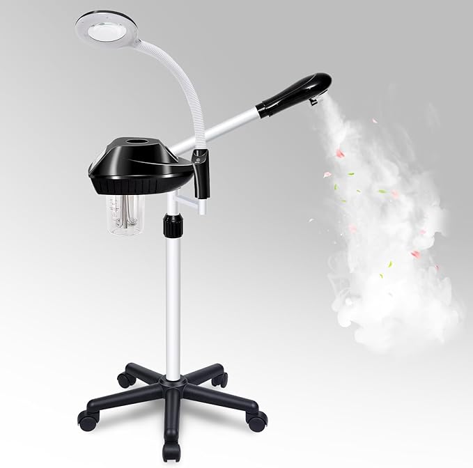 Professional Facial Steamer, 2 in 1 Facial Steamer on Wheels with 5X Magnifying Lamp, Ozone Facial Steamers Adjustable Height, Steamer for Facial for Salon, Spa and at Home Use