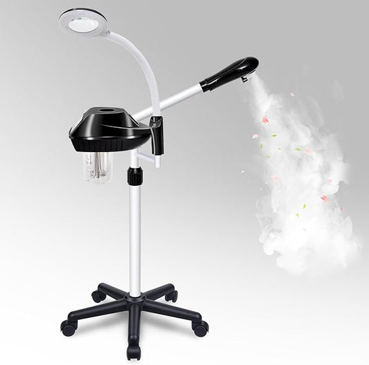 Professional Facial Steamer, 2 in 1 Facial Steamer on Wheels with 5X Magnifying Lamp, Ozone Facial Steamers Adjustable Height, Steamer for Facial for Salon, Spa and at Home Use