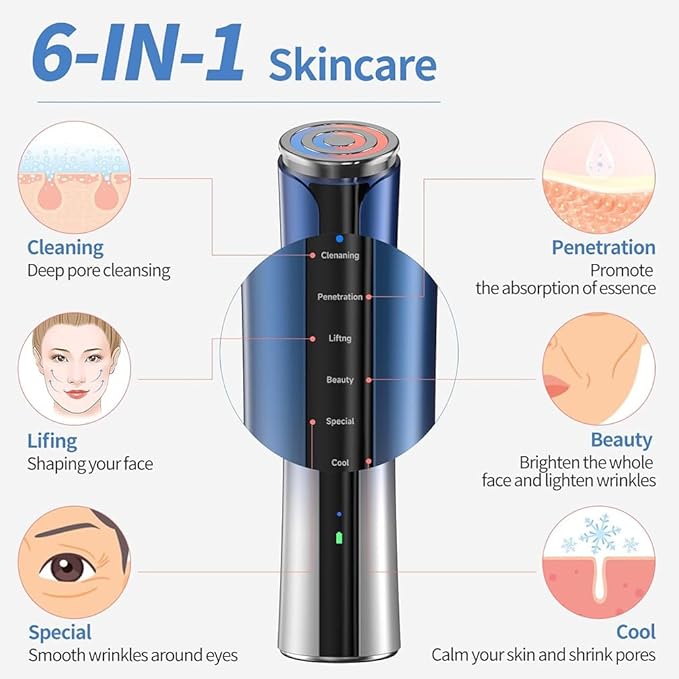 Microcurrent Facial Device, Facial Massager, 6 in 1 Skin Care Face Eye Neck Tool for Skin Tightening, Anti Wrinkle, Anti Aging & Home Use Skin Care (Blue)