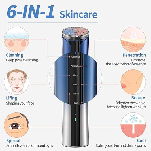 Microcurrent Facial Device, Facial Massager, 6 in 1 Skin Care Face Eye Neck Tool for Skin Tightening, Anti Wrinkle, Anti Aging & Home Use Skin Care (Blue)