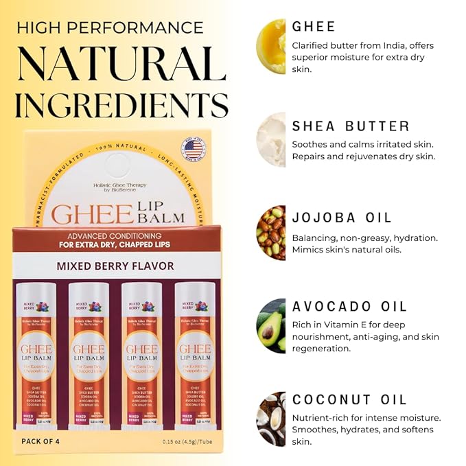 All Natural Lip Balm For Very Dry Lips | Hydrating & Moisturizing Lip Balm with Shea Butter, Ghee, Jojoba Oil, Coconut Oil | Chapped Lips & After Sun Care | BioSerene (4.5 gms/tube, Mixed Berry)