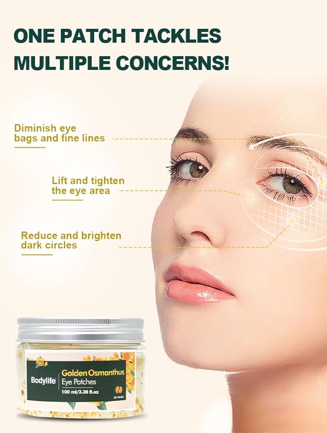 Golden Osmanthus Anti Aging Eye Mask for Dark Circles and Puffiness Reduce Wrinkles,with Hydrolyzedsoy protein, Osmanthusfragrans extract, glycerin, and Tremella fuciformis flower extract,20 pairs