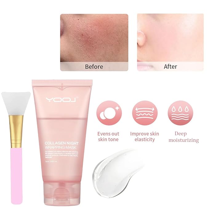 Collagen Overnight Wrapping Peel Off Facial Mask Pack,Collagen Night Wrapping Mask,Hydrates and Tightens Skin,Reduces Sagging,Elasticity & Hydration Care 2.54 fl.oz (Brush Included)