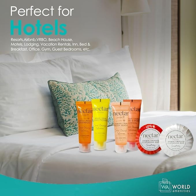 Nectar Mini Travel Size Toiletries Bathroom Kit | Sweet Orange Blossom| Shampoo, Conditioner, Body Wash, Lotion, Two Round Cleansing Bars & Body Bar