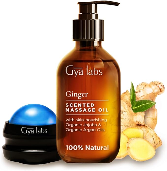 Gya Labs Ginger Massage Oil - 8.45 Fl Oz - 100% Pure Natural for Invigorating Muscle Comfort, Sore Muscle Ginger Massage Oil with Roller Ball for Skin - with Arnica, Vitamin E - Warming and Relaxing