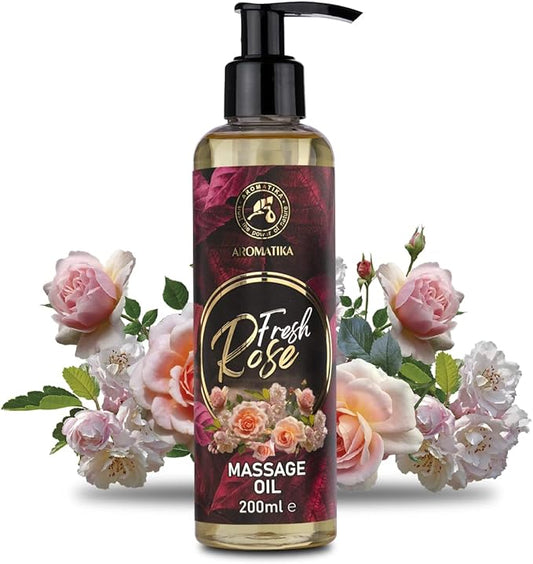 Massage Oil Rose 6.8 Fl Oz (200ml) - Body Oil with Rosewood - Jojoba - Almond - Grapeseed - Peach Kernel Oils & Rose Extract - Aromatherapy Massage Oil - Rose Oil - Good Sleep - Foot Care