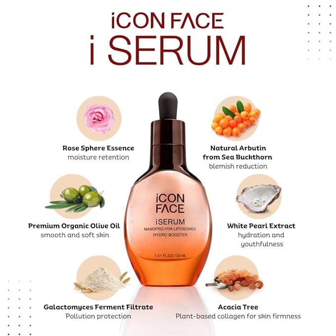 iCon Face iSerum - 20x Nano Hyaluronic Acid Ageless Hydro Booster Serum, 12Hour Moisturizing & Collagen Production, Age Defying, Natural Arbutin, Pearl Extract, 30ml