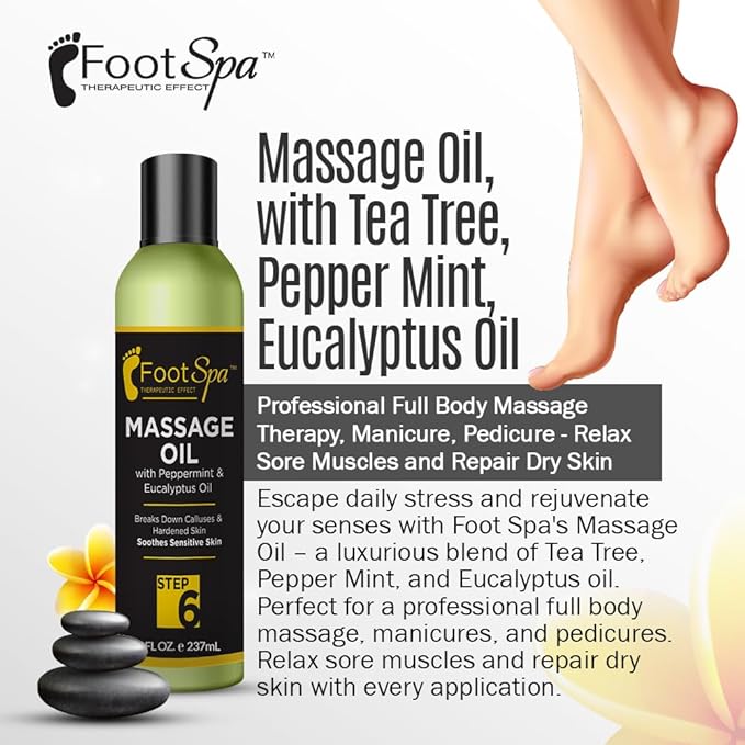 Foot SPA - Massage Oil, with Tea Tree, Pepper Mint, Eucalyptus Oil, 8 Oz - Professional Full Body Massage Therapy, Manicure, Pedicure - Relax Sore Muscles and Repair Dry Skin