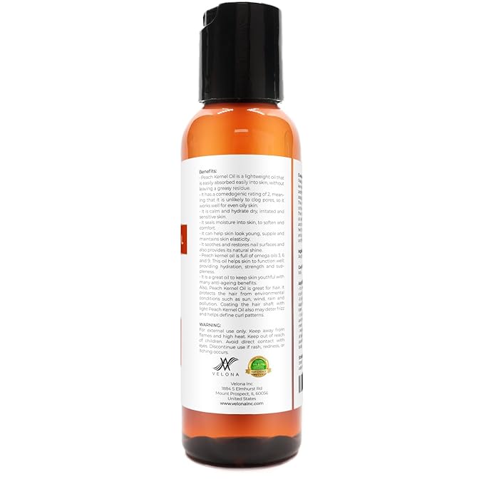 Peach Kernel Oil by Velona - 2 Fl Oz | 100% Pure and Natural Carrier Oil | Refined, Cold Pressed | Cooking, Skin, Hair, Body & Face Moisturizing | Use Today - Enjoy Results
