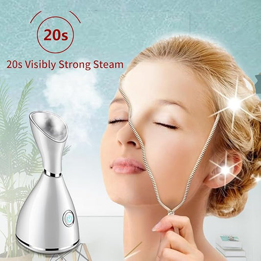 Facial Steamer-Nano Ionic Facial Steamer Warm Mist Humidifier Atomizer Sprayer Moisturizing Face Steamer Home Sauna SPA Face with 4 Piece Stainless Steel Skin Kit and Hair Band(White)