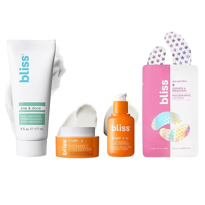 Bliss The Elder Millennial Kit Complete Skincare Essentials Set | Includes Daily Face Cleanser, Under Eye Masks, Brightening Vitamin C Serum and Moisturizer
