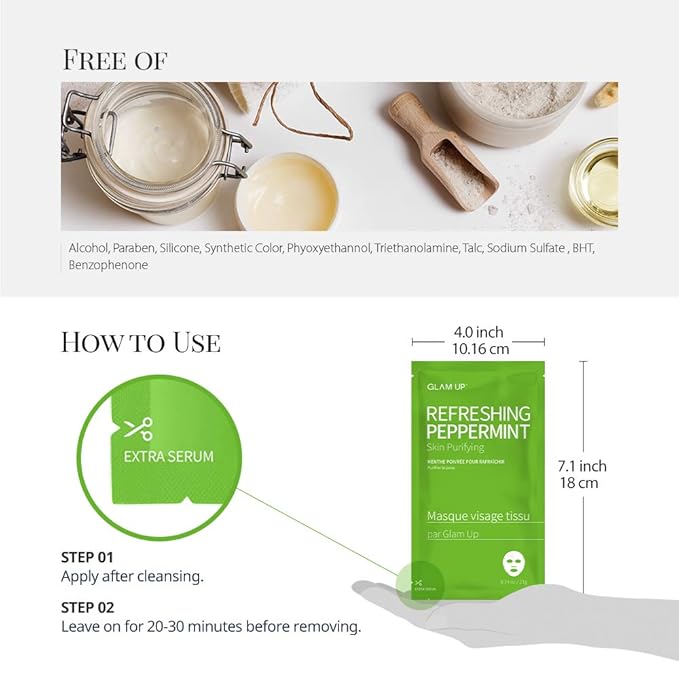 GLAM UP Sheet Mask Refreshing Peppermint (10 sheets) - Calming, Pore Tightening