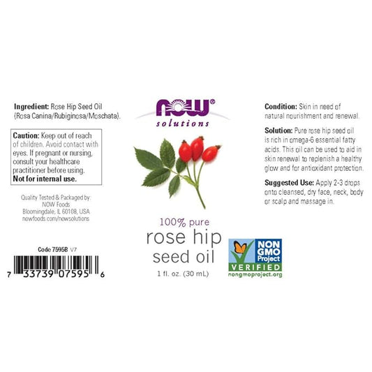 NOW Solutions, Rose Hip Seed Oil, 100% Pure, Nourishing and Renewing, For Facial Care, Vegan, Child Resistant Cap, 1-Ounce