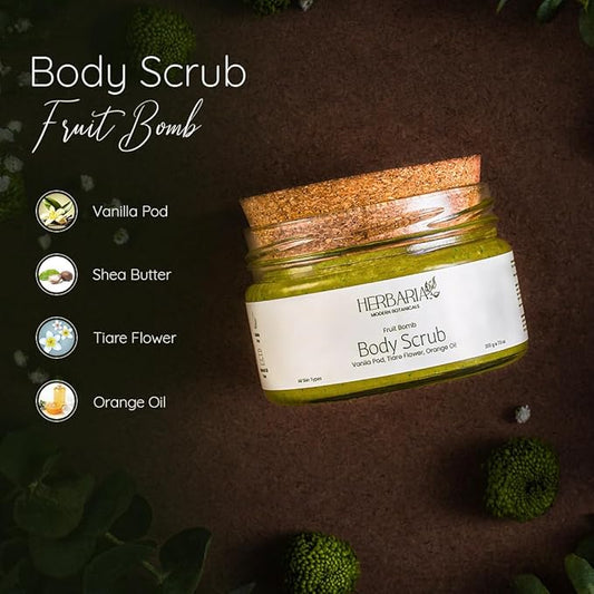 HERBARIA Body Scrub - FRUIT BOMB (7 oz) | Exfoliating Sugar Scrub with Panifolia Fruit, Shea Butter, Avocado Oil, Safflower Seed Oil, Almond Oil | 100% Sustainable - 100% Vegan, Cruelty Free
