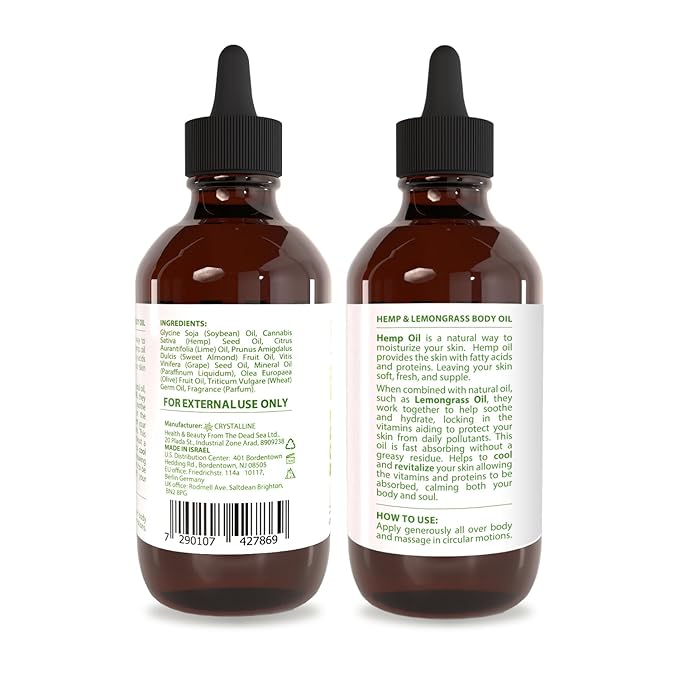 Natural Therapy Body Oil with Hemp & Lemongrass - Dry Skin Moisturizer and Hydrating Massage Oil - Increase Skin Elasticity and Provide Anti-Aging Support for Face and Body (4 fl.oz)