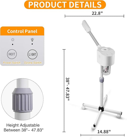 Professional Facial Steamer, Hot Mist Spray, Vaporizador Facial Steamer for Esthetician, Height Adjustable, SPA at Home, White