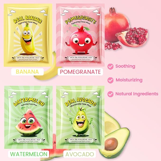Kaely 12 Pack Fruit Face Masks for Kids, Kids Face Mask Spa Day kit Supplies, Spa Party Favors for Teens Girls Women, Sheet Facial Mask Skincare Gifts Set, Moisturize Soothe for All Skin Types, 02