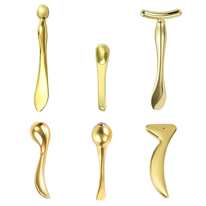 6Pcs Metal Eye and Face Cream Applicator Stick Cosmetics Spoon Spatula, Massager Tool for Facial Massage, Reduce Puffiness (Gold)