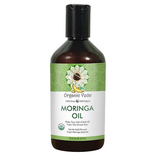 Organic Veda Moringa Oil - Pure Cold Pressed Organic Moringa Seed Oil - Natural Face Oil for Women, Moisturizing Hair Oil - Virgin Moringa Oleifera Oil for Skin, Body, Scalp Care & Nails - 16 fl.oz