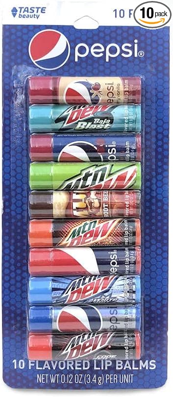 10 Pepsi & Mountain Dew Flavored Lip Balms! Tastes just Like Your Favorite Flavors Including Pepsi, Mountain Dew, Mountain Dew Code Red, Cherry Vanilla Pepsi and Many More!