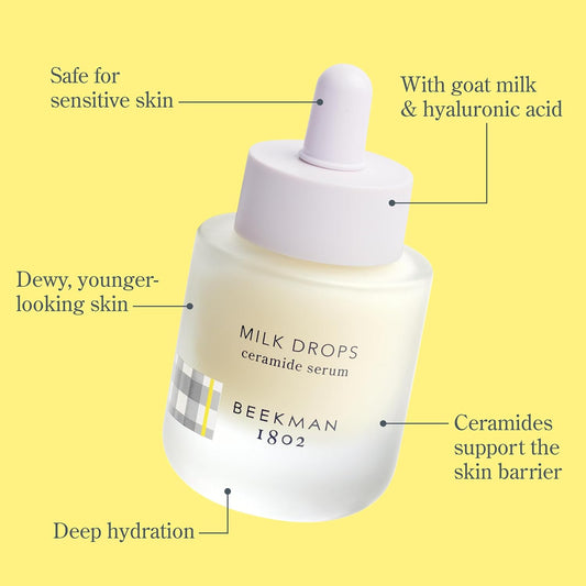 Beekman 1802 Milk Drops Ceramide Facial Serum - Squalane Oil, Hyaluronic Acid & Goat Milk Face Moisturizer - Boosts Skin Radiance & Hydrates Deeply - Fragrance Free, Cruelty Free