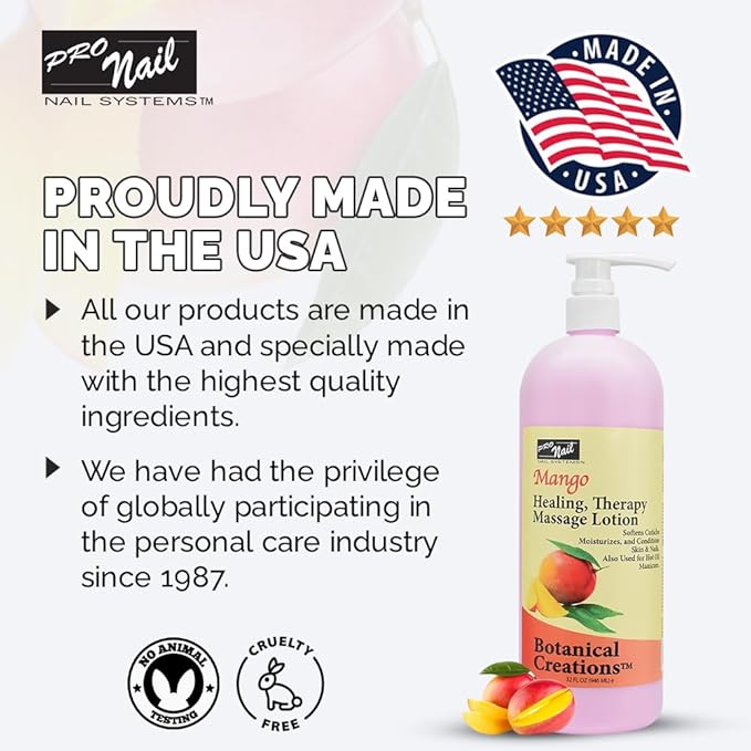 PRO NAIL - Healing Therapy Massage Lotion - Professional Pedicure, Body and Hot Oil Manicure, Infused with Natural Oils, Vitamins, Panthenol and Amino Acids (Mango, 32 Ounce)
