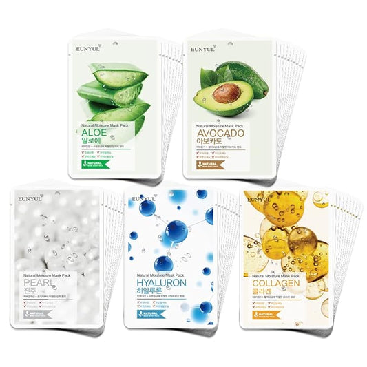EUNYUL [PACK OF 50] Natural Sheet Mask Pack 5 types x 10 set/Aloe, Collagen, Pearl, Hyaluron, Avocado