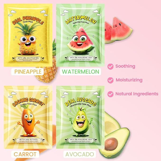 12 Pack Fruit Face Masks for Kids,Hydrating Face Mask For Sensitive Skin,Moisturize,Soothing,Nourish for All Skin Types,Natural Spa Party Facial Mask Skincare Set for Women Men Girls