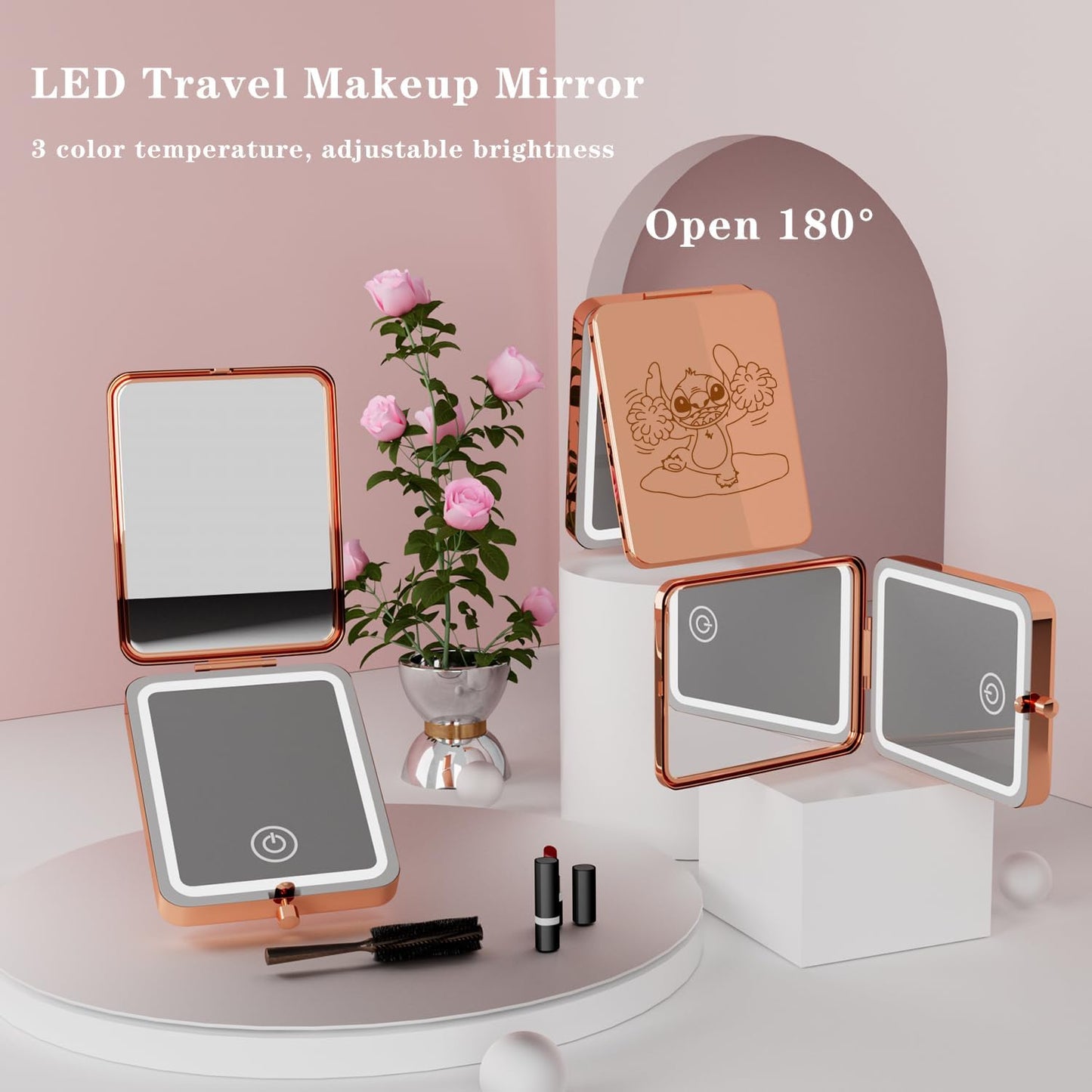Vanity Mirror with Lights, 3X Magnifying Led Compact Travel Mirrors for Pocket,Purse, Double-Sided Foldable Handheld,Makeup Mirror with Lights, Makeup Vanity Desk Bathroom,Gifts for Women
