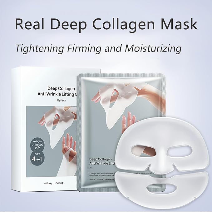 5 Pcs Collagen Sheet Mask, Glass Skin Deep Hydrating Face Masks, Overynight Face Mask for All Skin Types Face Tightening Firming and Moisturizing, Anti Wrinkle Collagen Real Deep Mask for Woman