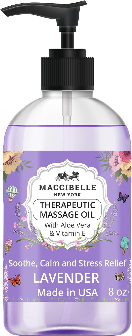 Maccibelle Lavender Massage Oil for Couples Therapeutic Massage with Vitamin E and Aloe Vera a for Soothing, Calming and Muscle Relief 8 oz (Lavender)