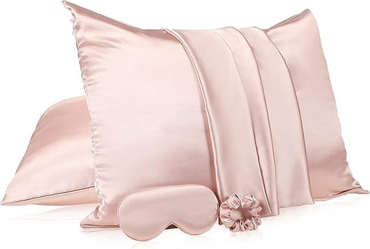 2 Pack Satin Pillowcase with Latent Zipper, Adjustable Satin Eye Mask for Sleeping and Satin Volume Scrunchie for Hair and Skin, Standard Size (Light Pink,Classic Style)