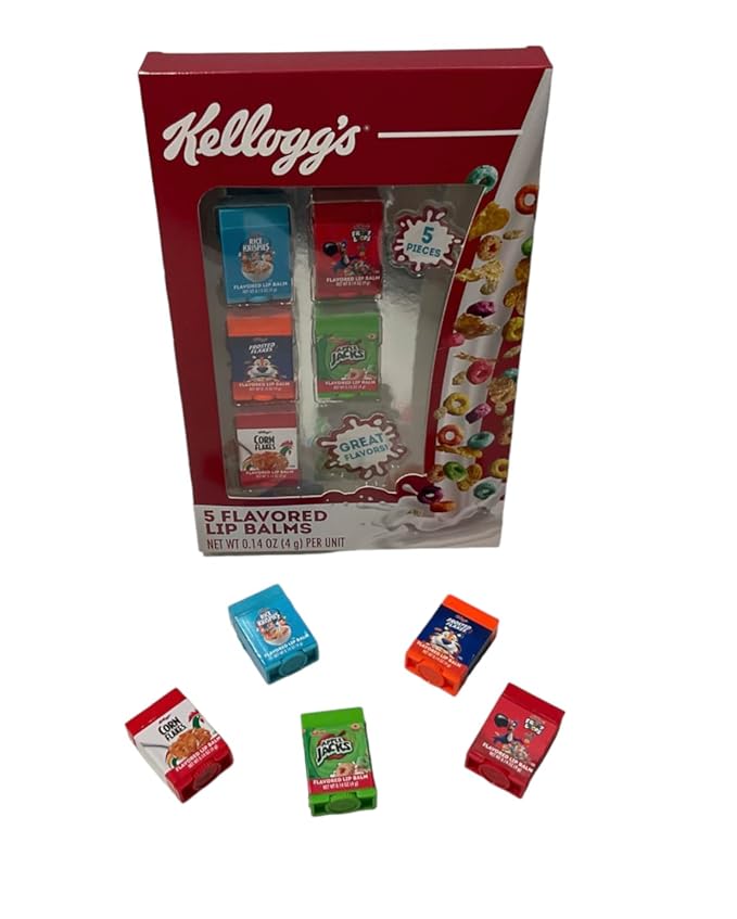 Taste Beauty 5-Piece Kelloggs Cereal Flavored Lip Balm Vending Machine Set, Cute Cereal Box Shaped Balms, Includes Corn Flakes, Rice Krispies, Frosted Flakes, Apple Jacks, & Fruit Loops