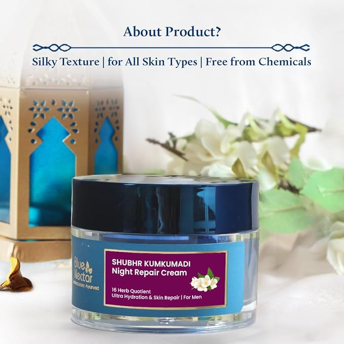 Blue Nectar Kumkumadi Night Cream with Jasmine for Deep Hydration with Kumkumadi Oil & Organic Ghee | Plant-Based Moisturizer for Smooth, Radiant and Glowing Skin (Men, 16 Herbs, 1.7 Fl oz)