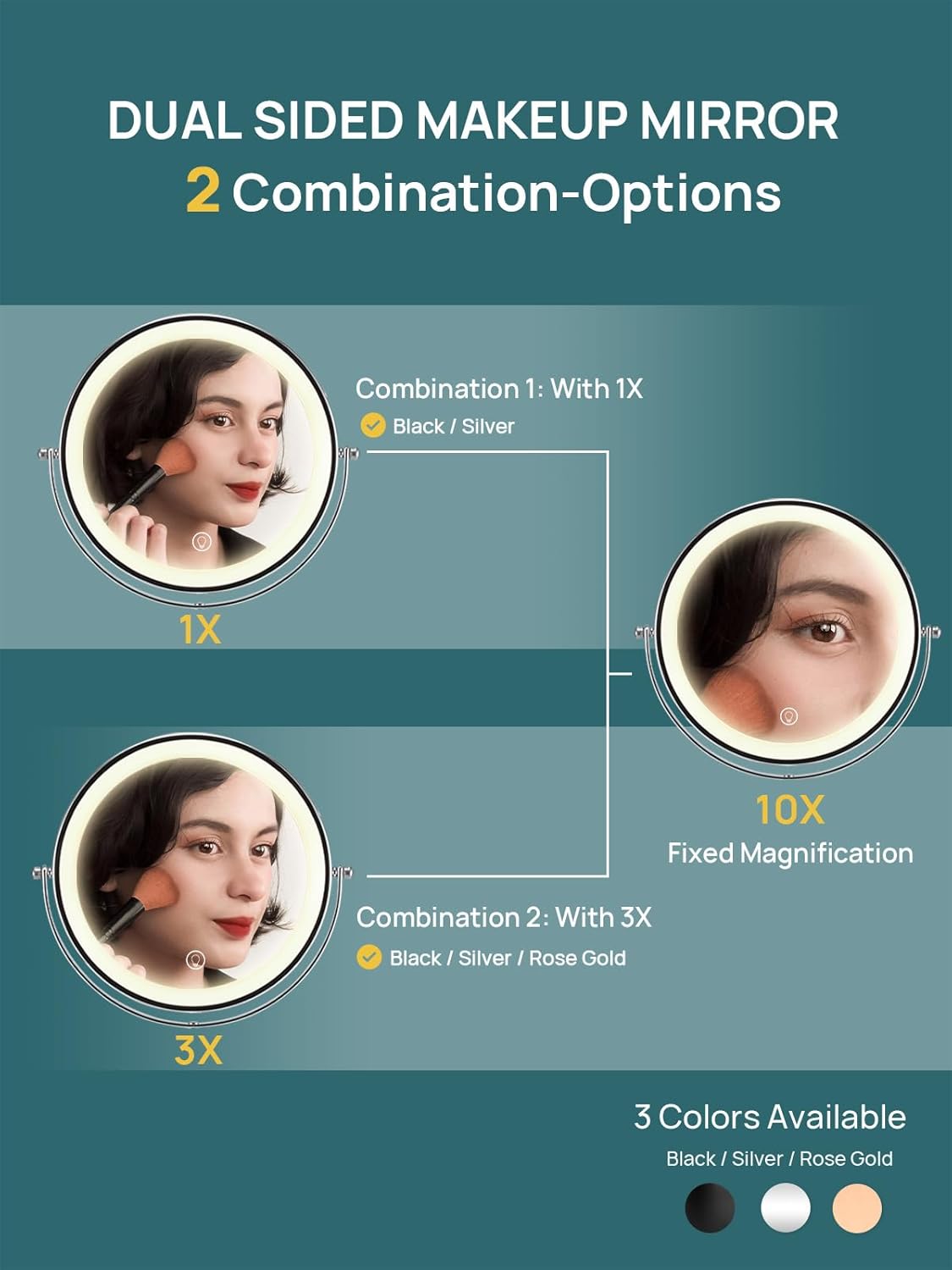 OMIRO 1X/10X Makeup Mirror with Lights,8.5 Inches Double Sided Vanity Mirror with Height-Adjustable Stand,Magnifying Mirror with 3 Color Light(Silver)