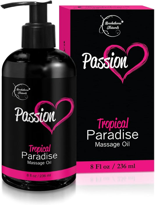 Passion Sensual Massage Oil for Date Night | 100% Natural Body Oil for Couples with Jojoba & Almond | Aromatherapy & Relaxing Massage Therapy | Perfect Glide & Smooth Skin | Tropical Paradise Scent