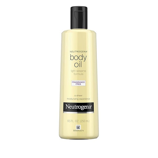 Neutrogena Body Oil Light Sesame Formula, 8.5 fl oz, Fragrance Free Radiant Glow Moisturizer for Dry Skin and Massage Oil with Sesame Oil, Bath & Shower Oil For Smooth and Hydrated Skin