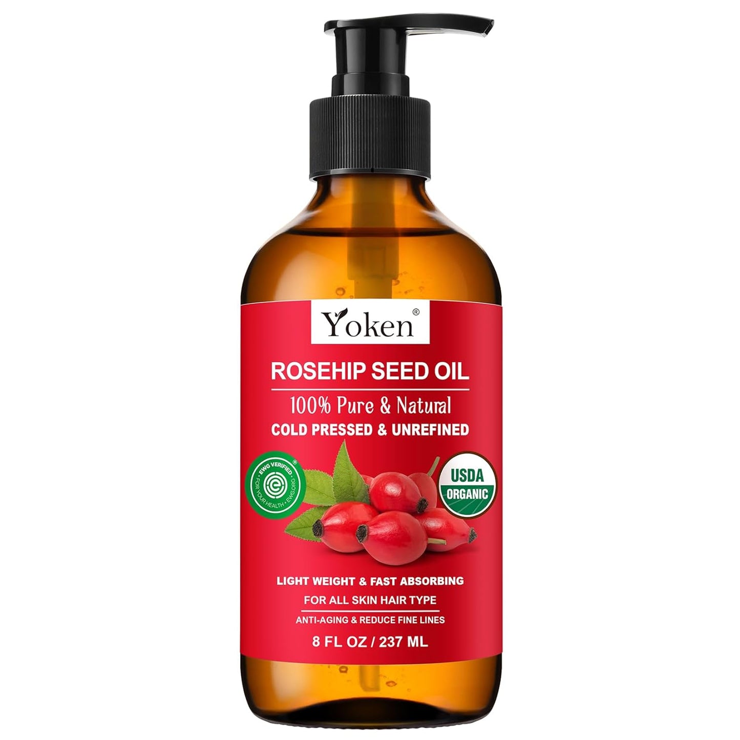 Yoken Rosehip Seed Oil Organic, USDA Certified 100% Pure Rosehip Oils for Face, Hair & Body, 8 fl oz Cold Pressed Rose Hip oil for Skin Moisturizing, Scar Fading, Gua Sha, Massage, Carrier Oil DIY