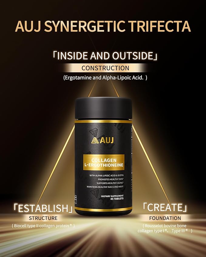 AUJ Multi-Active Collagen, 2300mg Peptan® Bovine Collagen Peptides Type I, II, III,3000mg Biotin, Ergothioneine (ET), Alpha Lipoic Acid, Nails Beauty Complex, for Women & Men, 45 Capsules