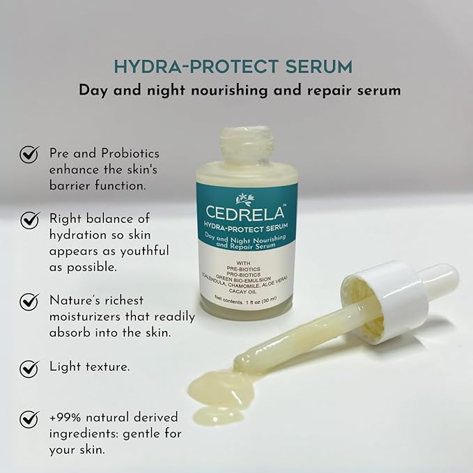 Cedrela Hydra-protect serum Day Night Nourishing Repair Prebiotics Probiotics Bioemulsion Calendula Chamomile Aloe Vera Cacay Oil Vegan All-natural 1 fl oz Suero hidratante probioticos