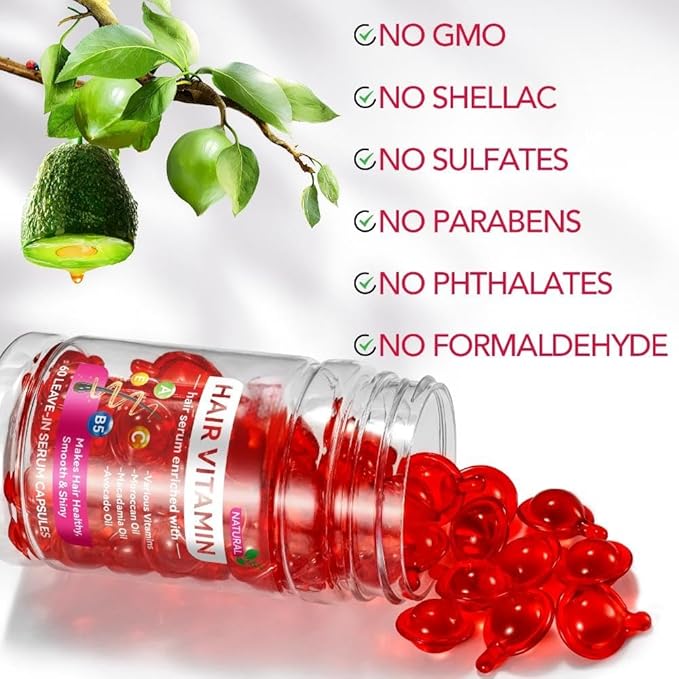 Hair Oil for Women,Hair Serum Capsules, Hair Vitamins,60 Pcs Hair Vitamins Serum Capsule, Restores Dry Frizzy Hair, Hair Oil Capsules with Moroccan/Macadamia/Avocado Oil for Hair Repair