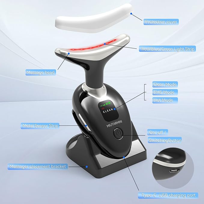 Facial Massager for Face and Neck, Red-Light-Therapy-for-Face and Neck, Face culpting Wand with 7 Color, at-Home Face Tool for Skin Care,Gifts for Women (Black)